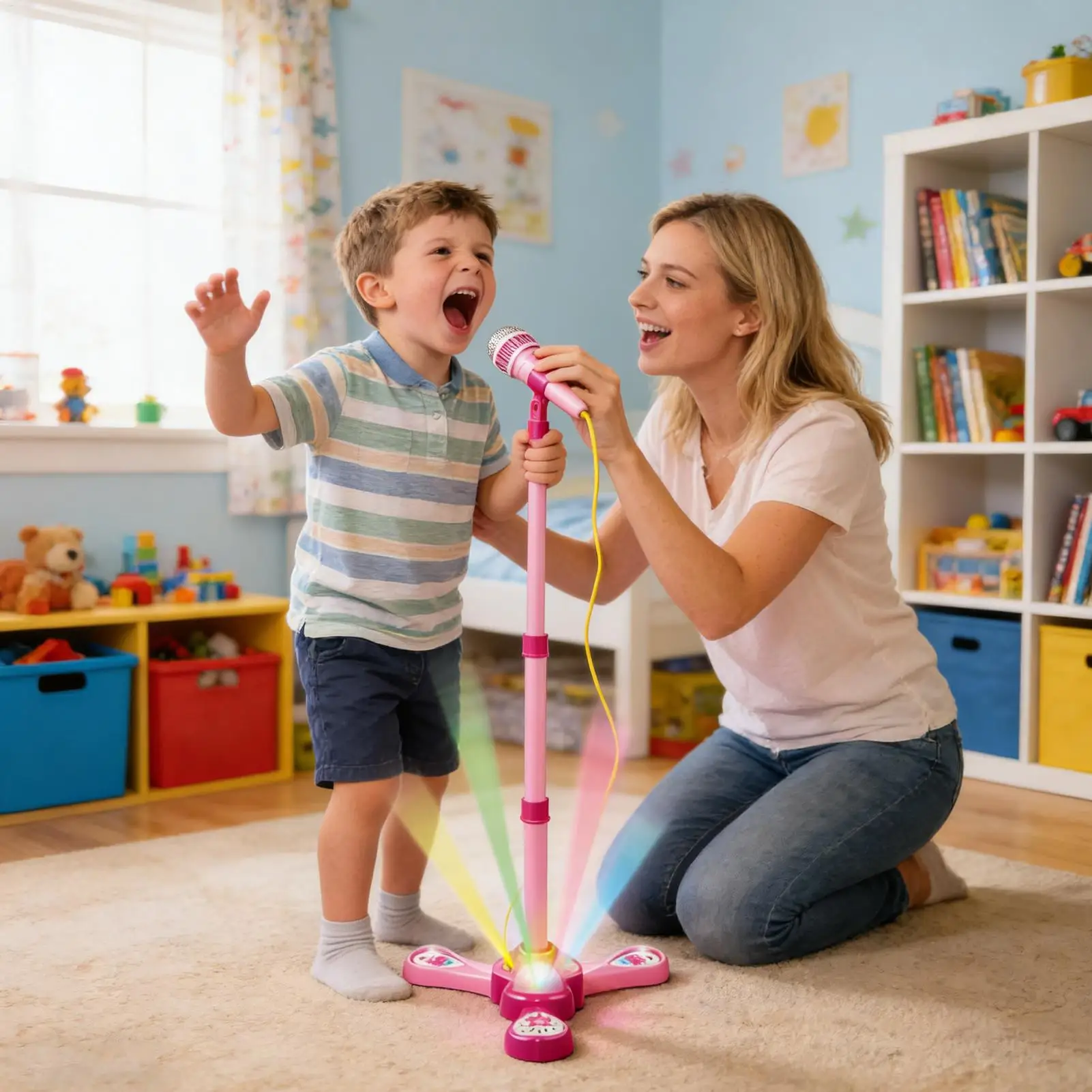 Mikrofon Zabawka z Światłem Interaktywny Regulowany Statyw Zabawki Muzyczne Mikrofony Karaoke Zabawki Edukacyjne dla Chłopców Dziewcząt Przedszkolaków