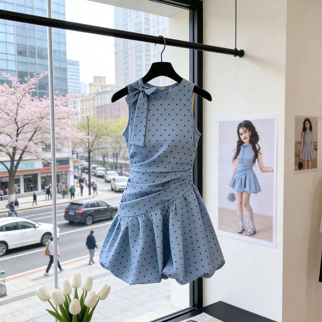 

2 4 6 7Y Girls Blue Polka Dot Summer Dress Children's Fashionable Hanging Neck Waist Vest Dress