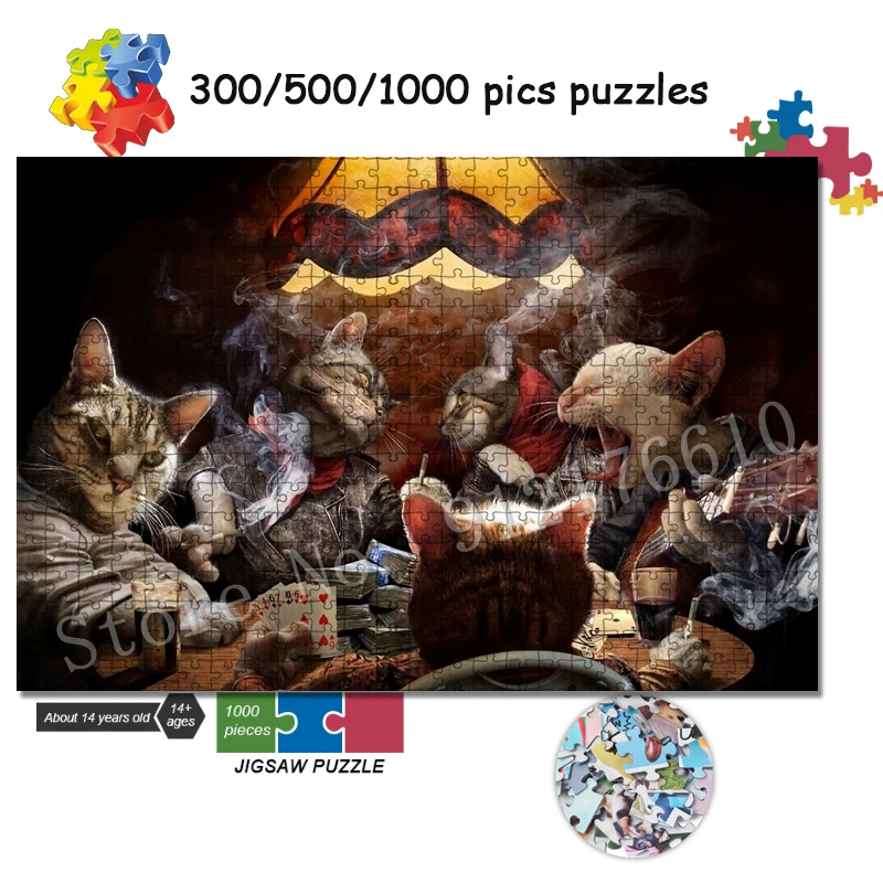 Black Cats Playing Card Gambling Smoking Jigsaw Puzzle 300/500/1000 Pieces Puzzles Customized Decompression Gift for Adults Game