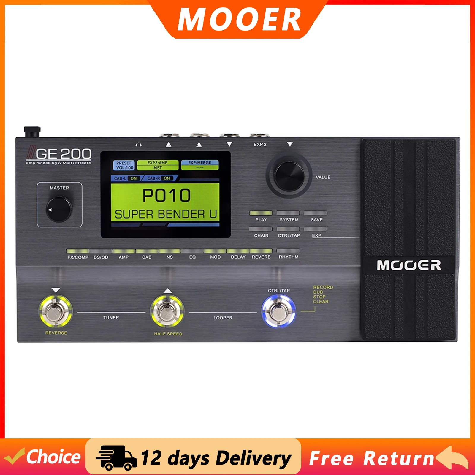 MOOER GE200 Guitar Amp Modelling Multi-effects Processor Pedal 200 Presets 26 IR 70 Effects 55 Amplifier Models 52 Second Looper