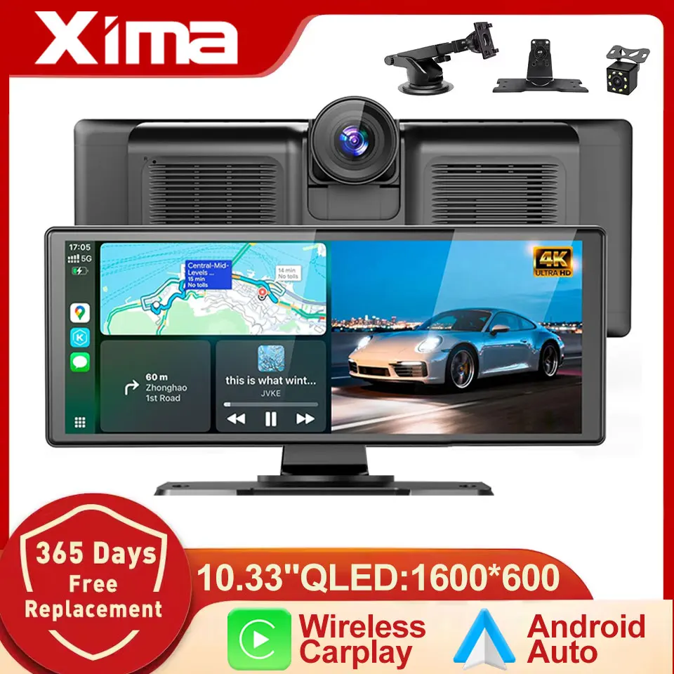 XIMA 10.33 Inch 4K DVR Wireless CarPlay & Android Auto Dashcam Bluetooth Audio GPS Navigation Dashboard Dual Lens Video Recorder
