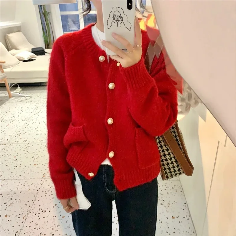 Knit Cardigan Sweaters Woman Autumn Winter 2023 Korean Pearl Button Up Raglan Sleeve O-Neck Pockets Casual Short Pink Sweater