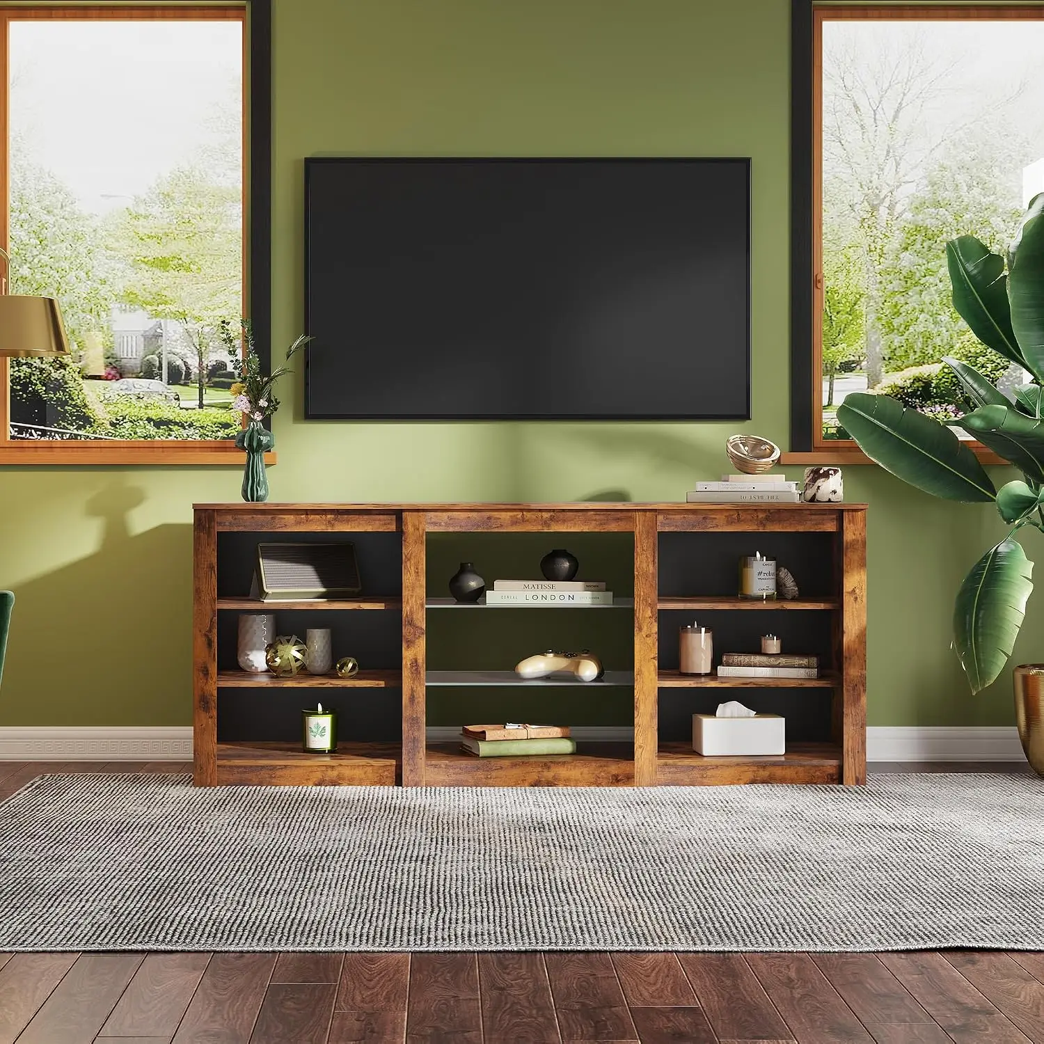 TV Stand Entertainment Center Adjustable Shelves RGB LED Media Console Living Room Bedroom Gaming 65 Inch Brown, Customized