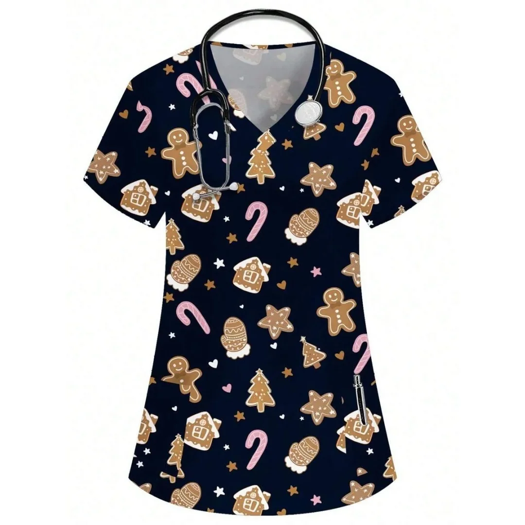 Vestido Clínico Feminino 2026 com Estampa de Desenho Animado, Decote em V, Manga Curta, Confortável e Moderno – Blusa Feminina para Enfermeiras e Cirurgias