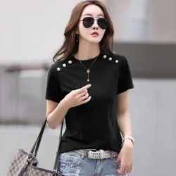 New Women Simplicity Cotton T-shirt Summer Fashion Button Decoration O-Neck Short Sleeve Tees Tops Casual Basic Loose T-shirt