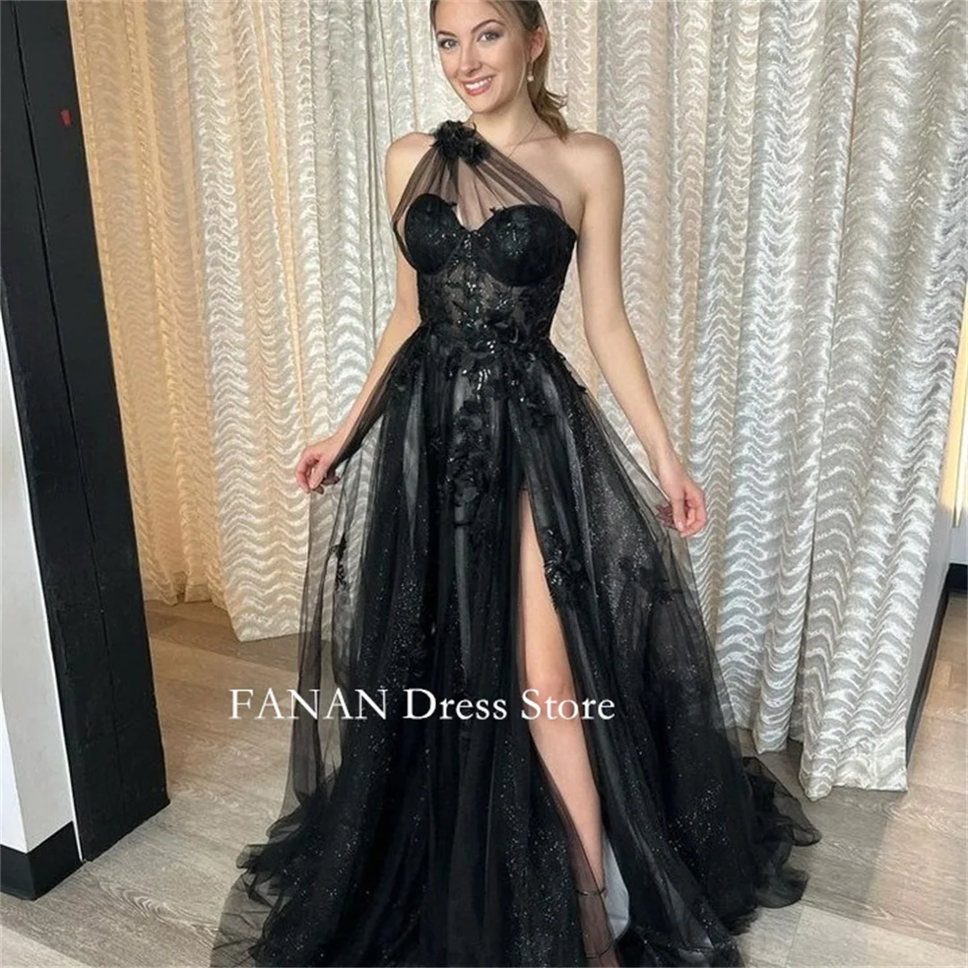 One-Shoulder Prom Dress Black Tulle Wedding Evening Dresses Photograph Customized Side Slit Backless Party Dress Evening Gowns