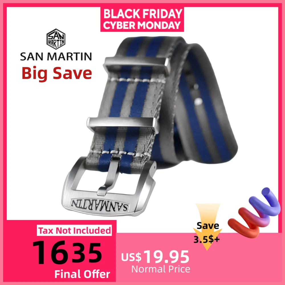 

San Martin 20mm 22mm High Quality Nylon Straps Watch Band Classic Military Replacement Watchband for Men Steel Pin Buckle N113A