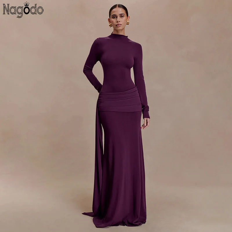 

Nagodo Women's Maxi Dresses Long Sleeve Slim Bodycon Party Dress High Waist Sexy Elegant Gowns Purple White Black Evening Robe
