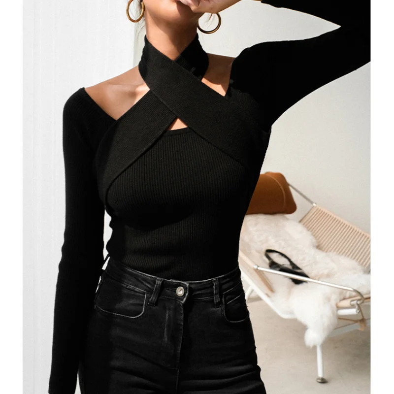 

Autumn new sexy one-shoulder cross knit sweater bottoming shirt top women