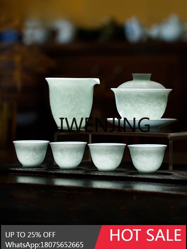 Ceramic Misty Blue White Porcelain Relief Landscape Gaiwan