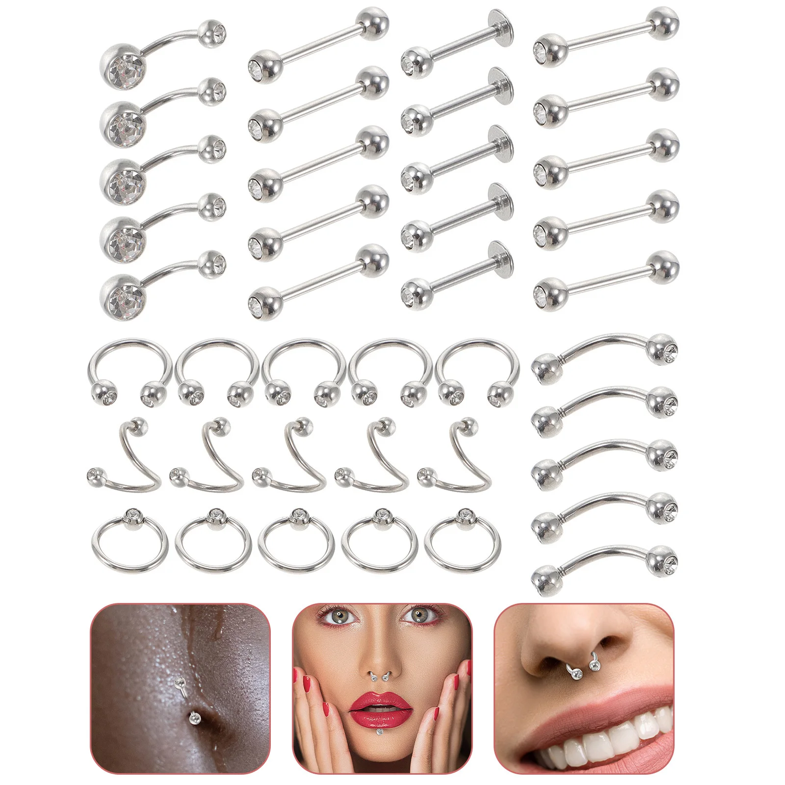 

40Pcs Stainless Steel Piercing Jewelry Lightweight Comfortable Lip Nose Studs Ear Decorations for Fashion Lovers