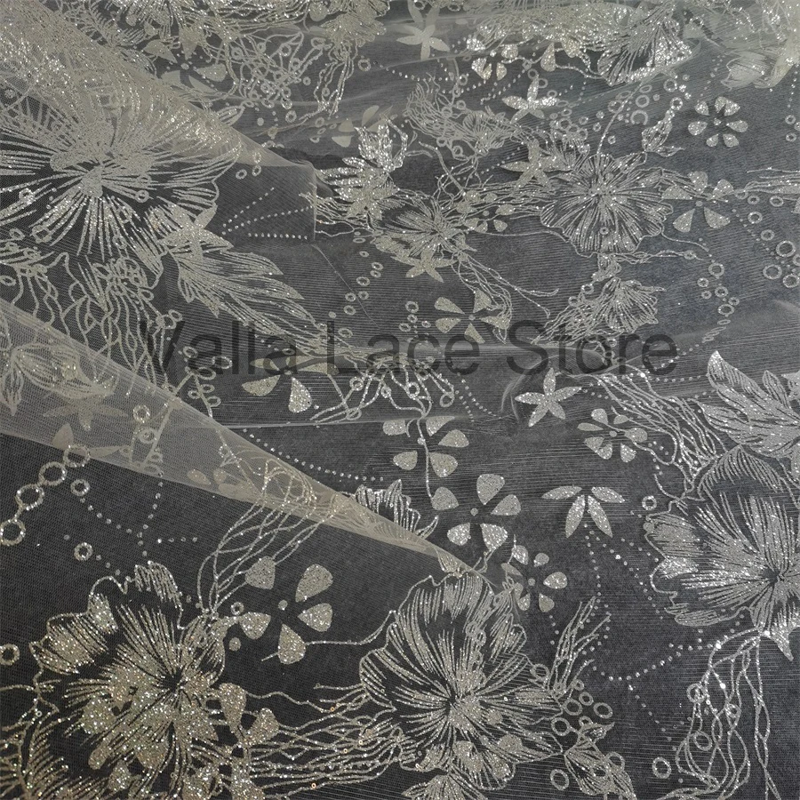 Fabric with Glitter For Wedding Dress NEW Design Big Florals Elegant Lace with Glitters Shiny 1 Meter