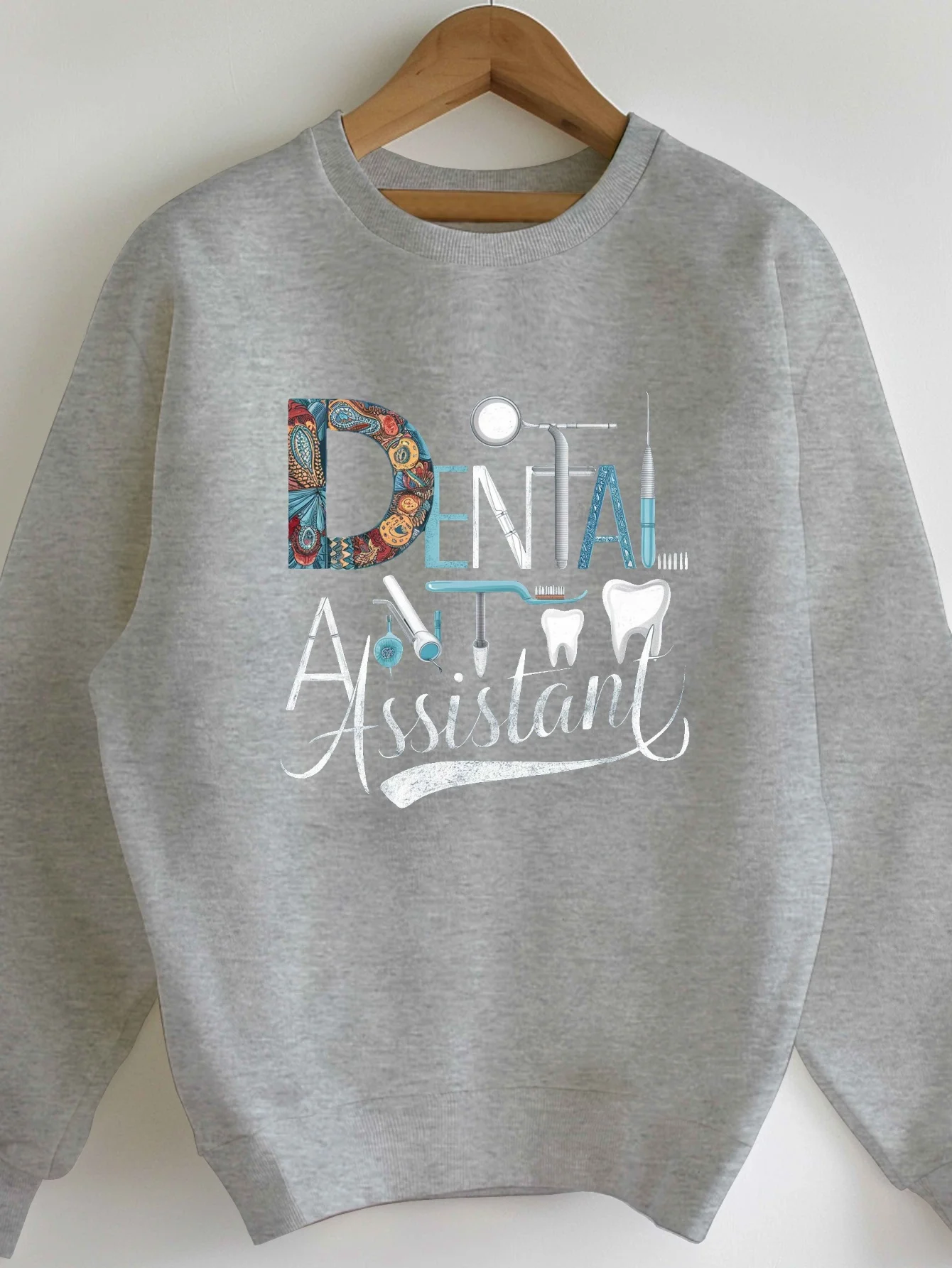 Women's Graphic Print Round-Collar Sweatshirt for Dental Assistant Vibrant Design Geometric Dental Tools Casual Washable