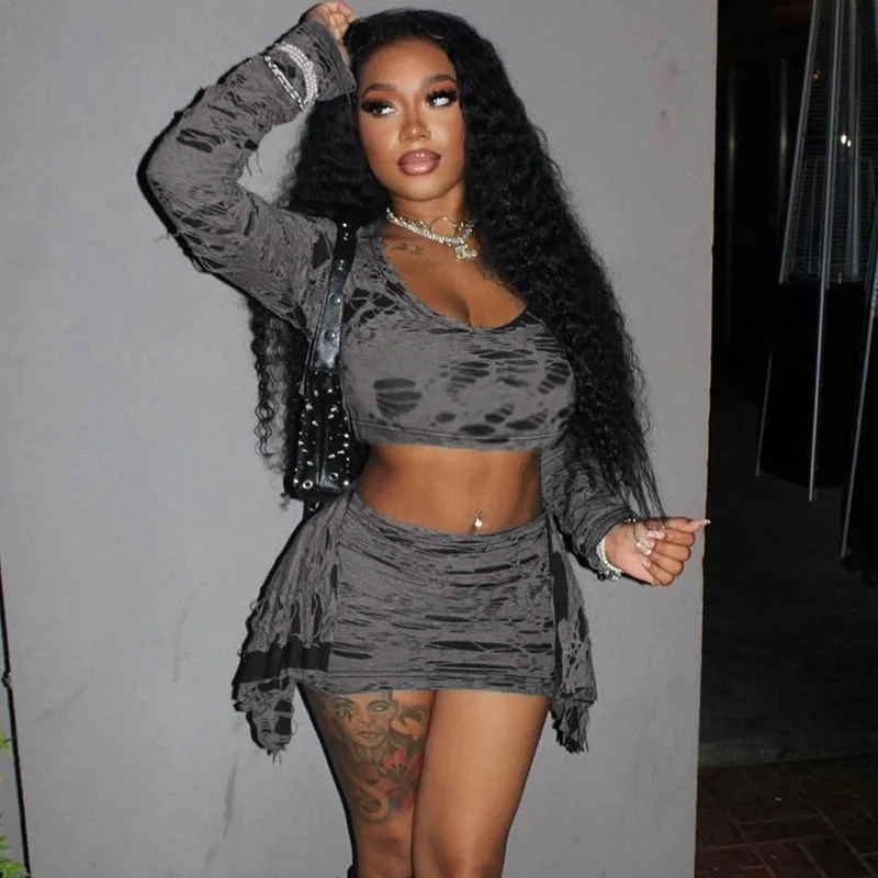 

2025 Spring Solid Patchwork Hollow Hole Slim 2 Piece Set Women O Neck Full Sleeve Crop Top Ribbon Mini Skirt Casual Streetwear