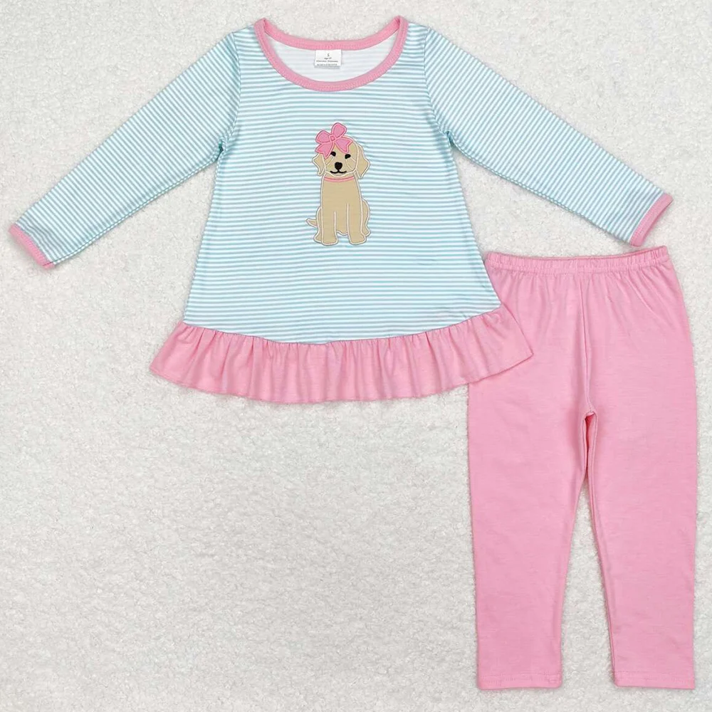 New Fashion Baby Girls Clothes Stripes Dog Embroidery Tunic Top Legging Sibling Clothing Sets Boutique Girls Clothes Boys Outfit