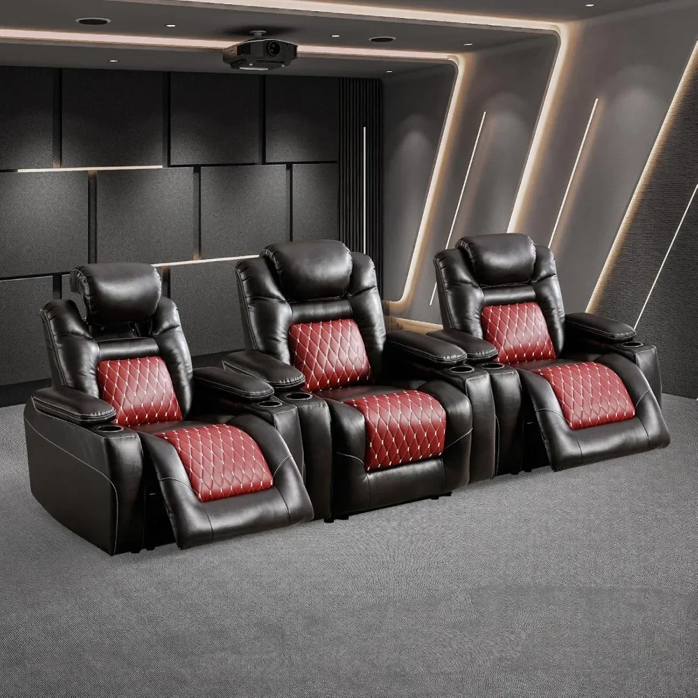 Commercial 3 Set Electric Faux Leather Home Theater Seating Overstuffed , Power Recliner Chair With Adjustable Powered Headrest