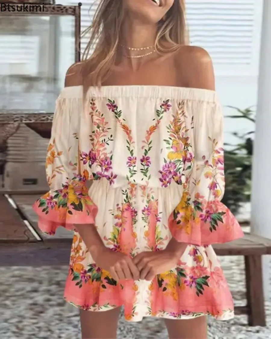 2024 Women's Summer Casual Dress Sexy Off Shoulder Floral Print Flare Sleeve Tunic V-Neck Batwing Sleeve Lace-Up Dresses Vestido