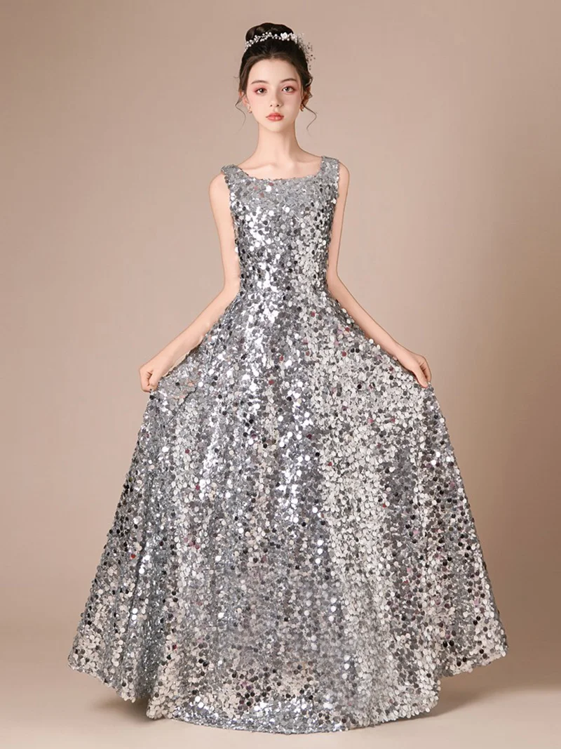 

Girls Silver Sparkle Sequin Teen Dress Junior Bridesmaid Dress Flower Girl Dress First Communion Dress Evening Dress/ Custom