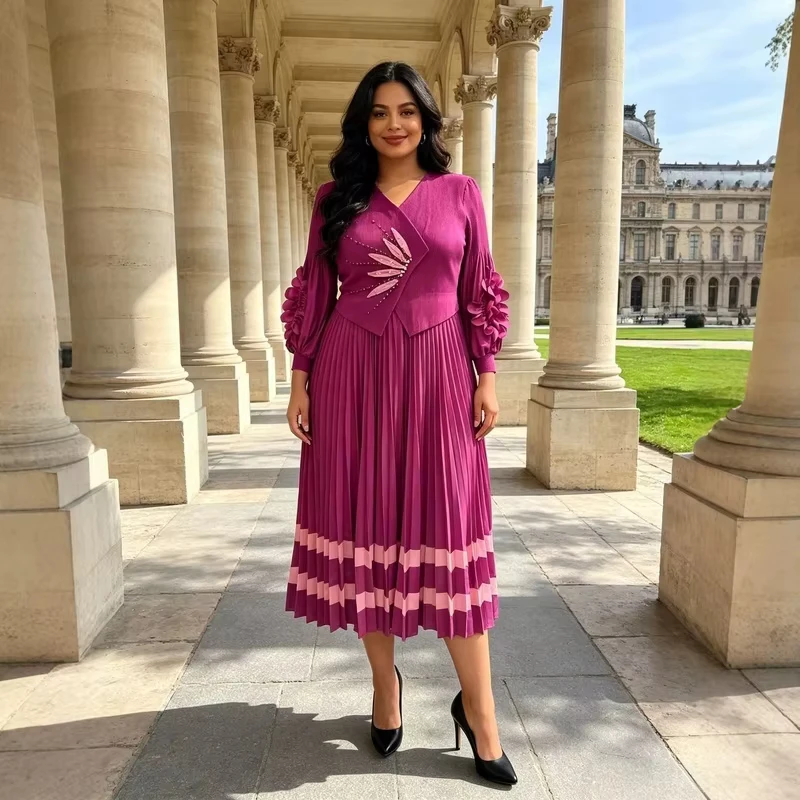 ANLAN Women V‑Neck Faux Two‑Piece Pleated Midi Dress Long Sleeve 3D Flower Applique Rhinestone Embroidery Party Evening Gown