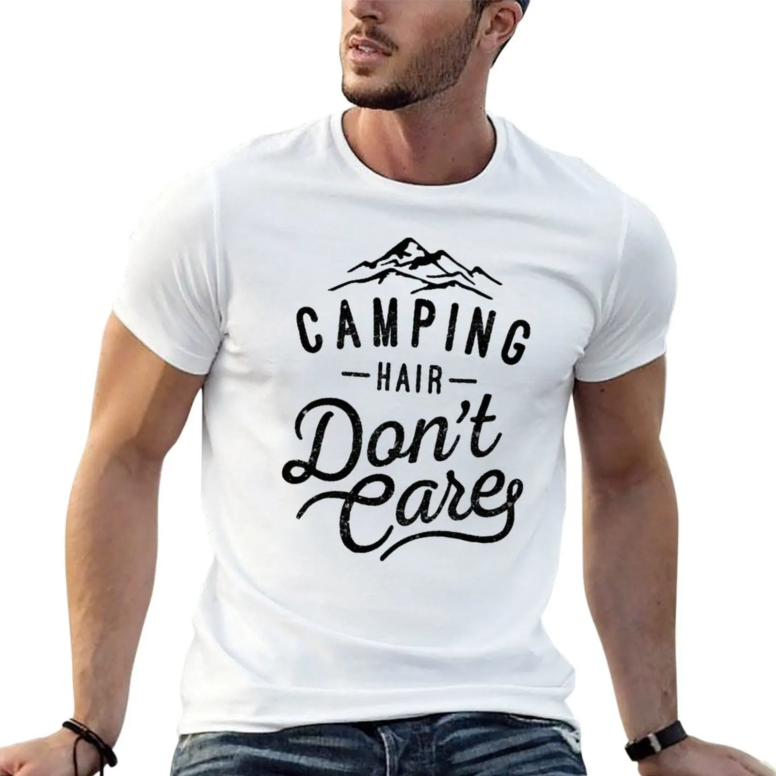Camping Hair Don't Care T-Shirt Work Basic Short Sleeve Top