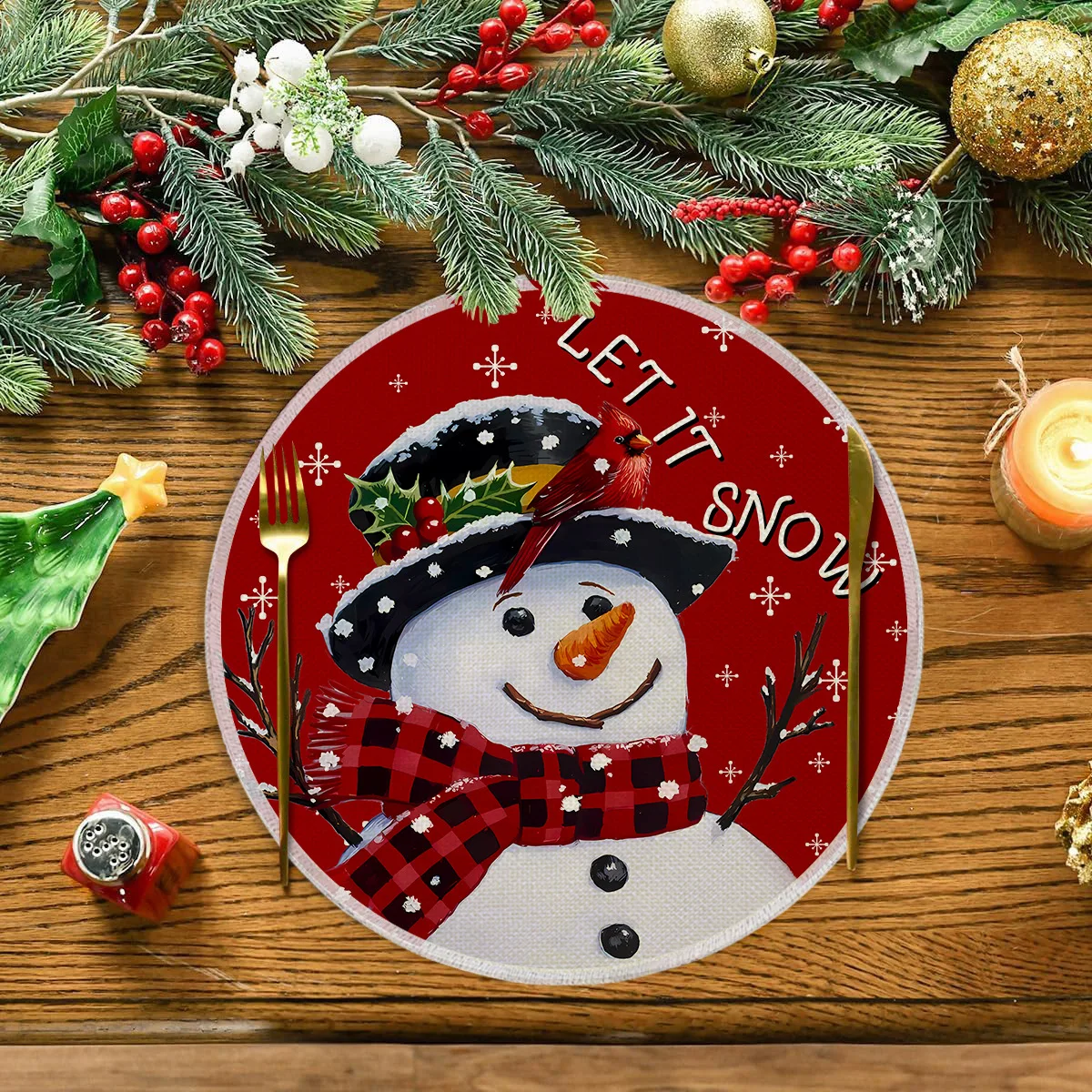 VIKAMA let it snow snowman round placemat 15 inch 38cm dining table mat non slip waterproof heat resistant winter holiday gift
