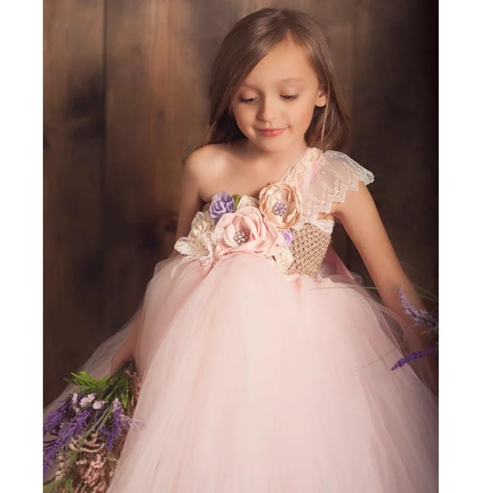Beige, Lilac, Blush Pink Flower Girl Tutu Dress One Shoulder Lace Princess Ball Gown Dress for Girls Kids Party Wedding Dresses