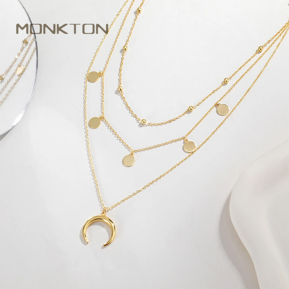Monkton Fashion Gold Color Layered Necklace For Women Bohemian Moon Pendant With Coin Charms Dainty Multilayer Chain Jewelry