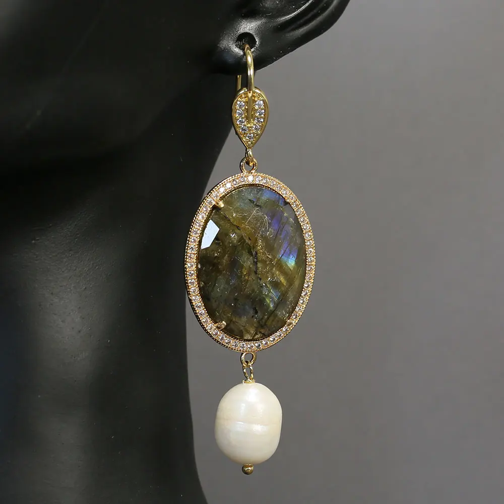 GuaiGuai Jewelry Natural Labradorite Oval Shape Cubic Zirconia CZ Paved White Rice Pearl Dangle CZ Hook Earrings For Women
