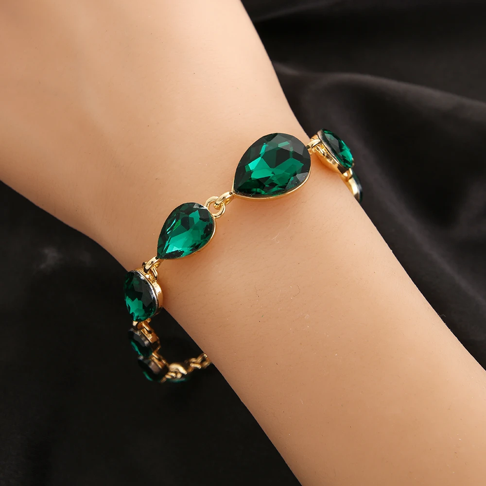 BLIJERY Gold Plated Green Crystal Bridal Bracelets For Women Waterdrop Design Bracelets & Bangles Brides Wedding Prom Jewelry