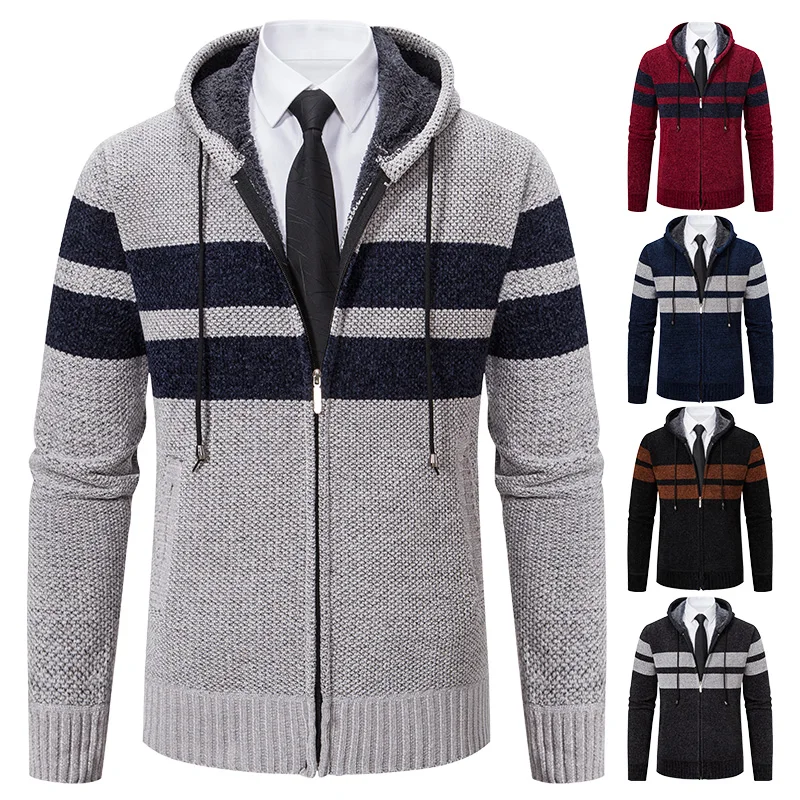 Maglione cardigan lavorato a maglia caldo color block moda ispessito in pile con cerniera a righe autunno/inverno da uomo