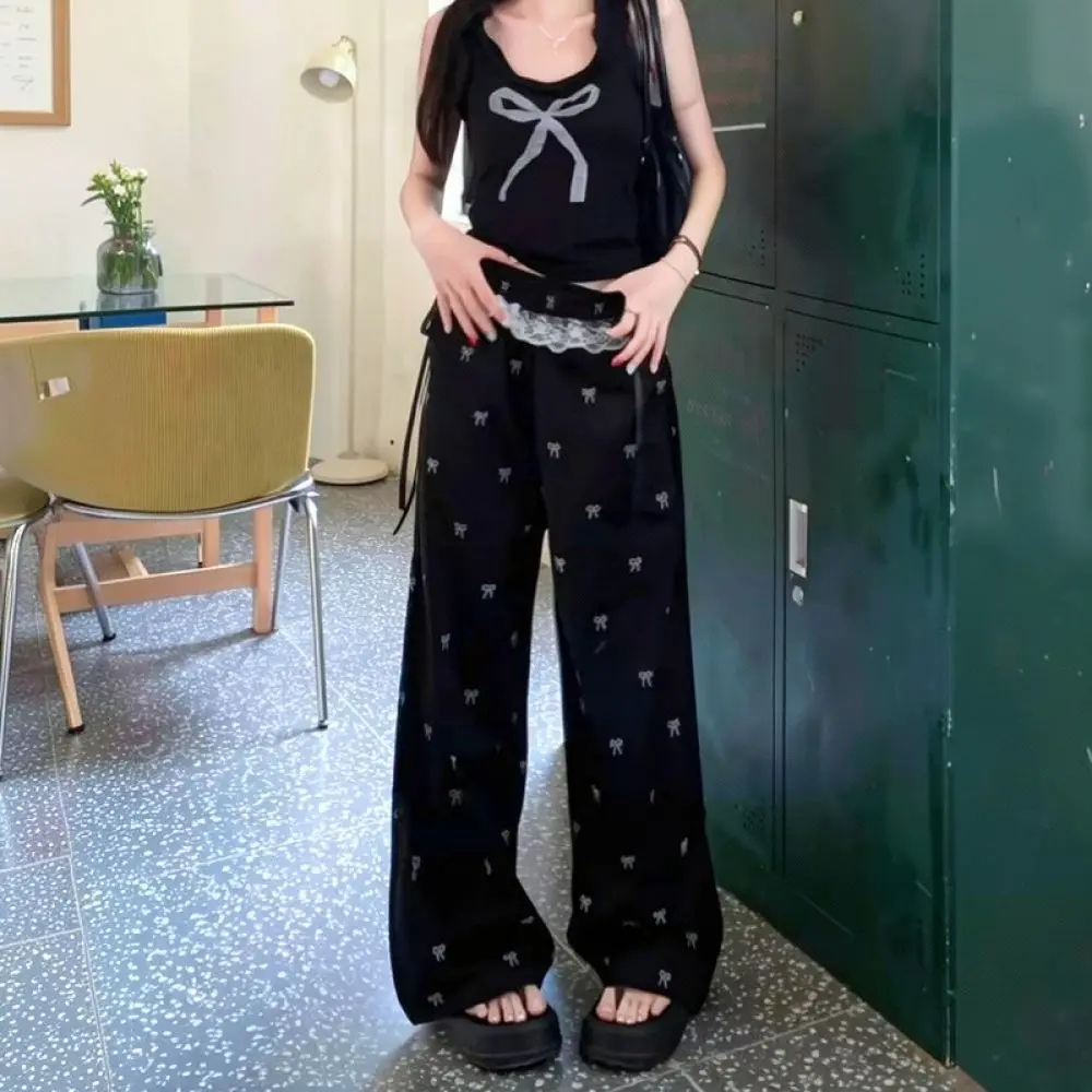Women High Waist Wide Leg Pants Loose Casual Trousers Lace Bowknot Patchwork Summer Breathable Quick Dry Flowy Lounge Bottoms