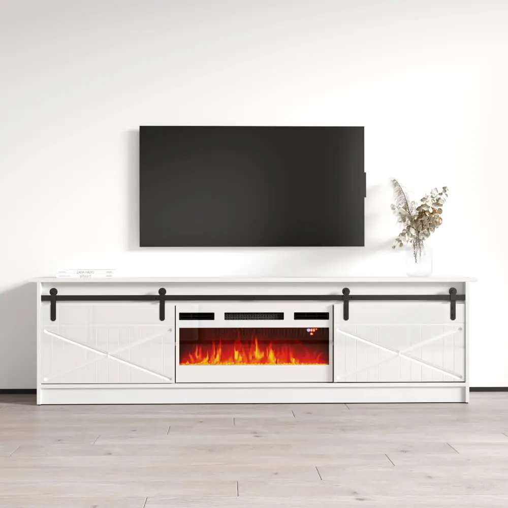 Electric Fireplace TV Stand Modern High Gloss Storage Cabinet Fits 90 Inch TV 79x18x26 Inch White, Customized