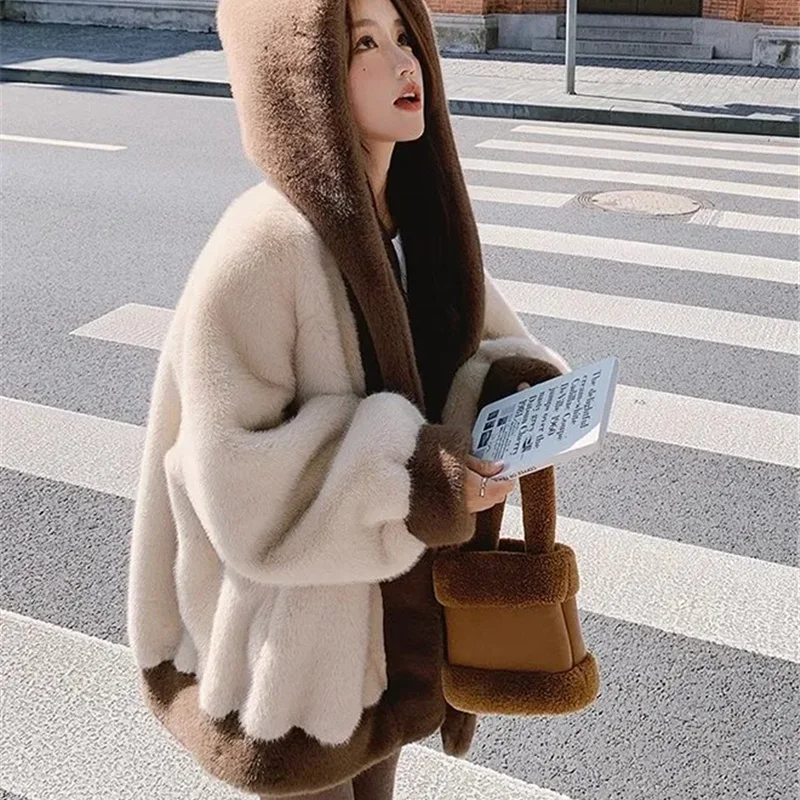 Autumn Winter Mink Fur Coat Women 2024 New Fashion Loose Casual Hooded Cotton Jacket Thicken Warm Pure Colour Outerwear Female