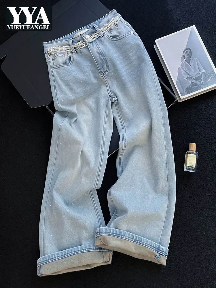 Vintage Light Blue Winter Warm Fleece Liner Denim Pants Women Pearl Beading High Waist Straight Jeans Fashion Trousers Female