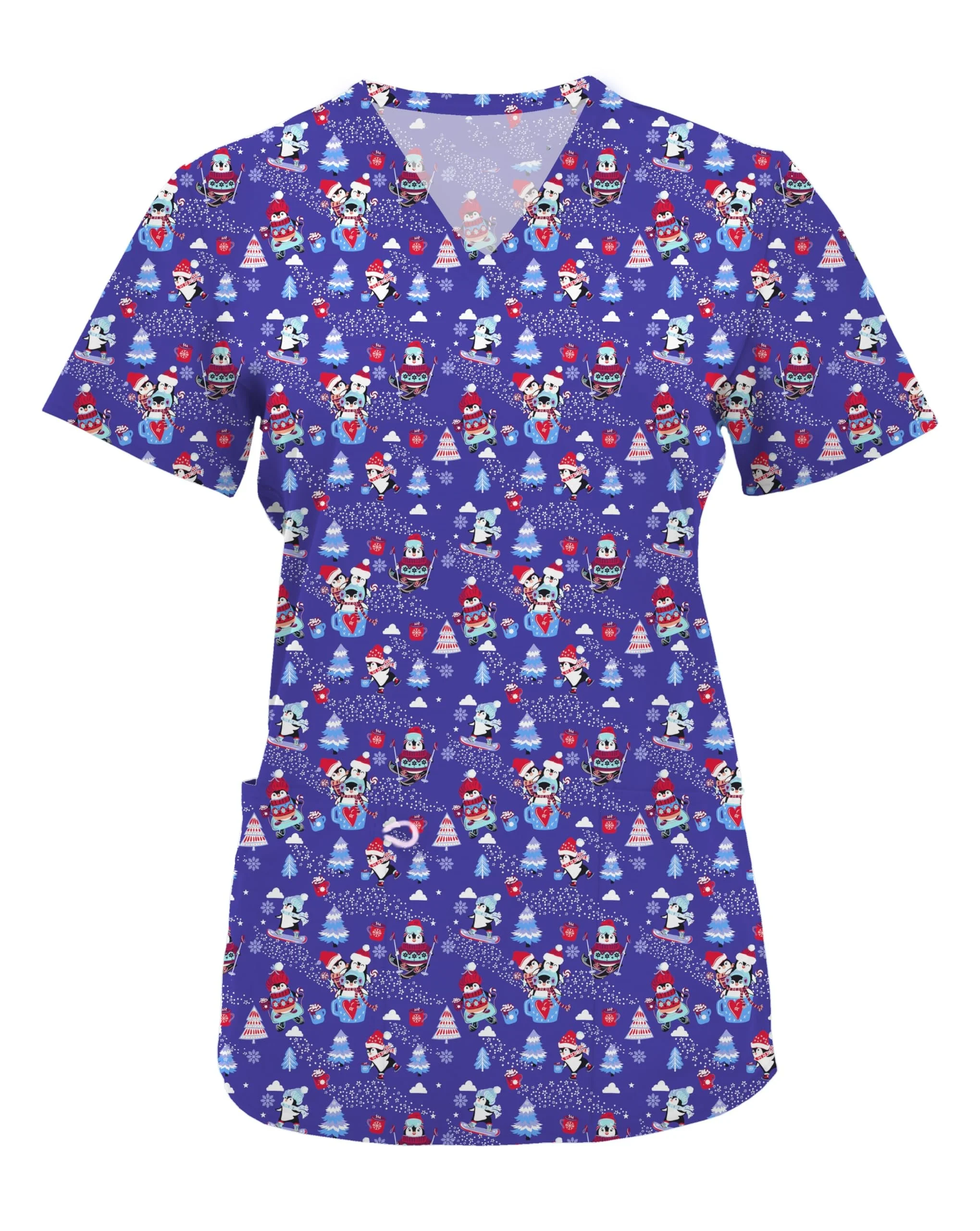 

Surgical Uniform Woman Cartoon Christmas Style Print Vet Nursing Tops V-Neck and Short Sleeves for Easy Care Tee Medical Clothes