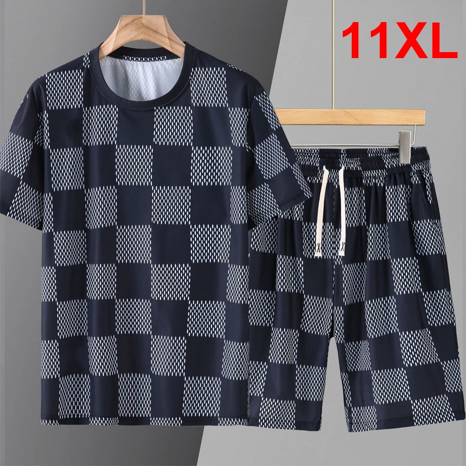 Summer Tracksuits Men Plus Size 10XL 11XL Summer Sets Casual Fashion Plaid T-shirts Shorts Suits Male Big Size 11XL