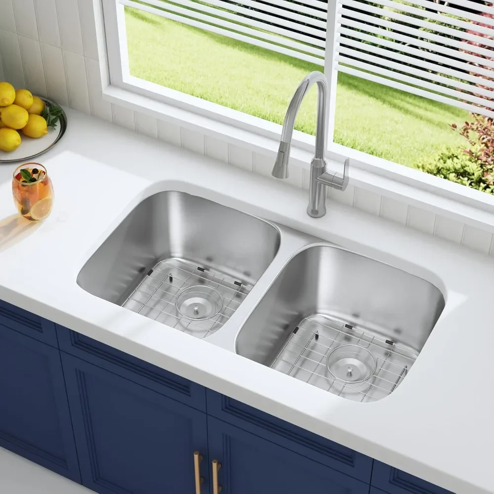 

Double Bowl Kitchen Sink 304 Stainless Steel 50/50 Undermount 18 Gauge Curved Shape Round Corner Sinks with Strainer