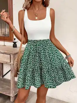 Summer women's fashionable and elegant square neck sleeveless printed casual vacation…