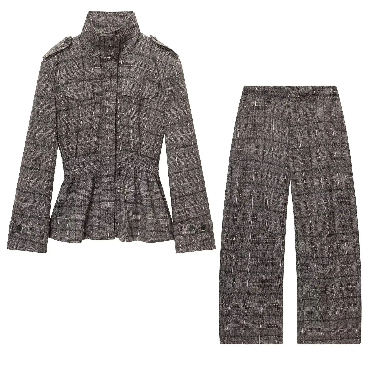 

SuperAen Europe and America Style Women's Fashion New 2026 Spring Vintage Plaid Ruffled Coats Long Pants Sets