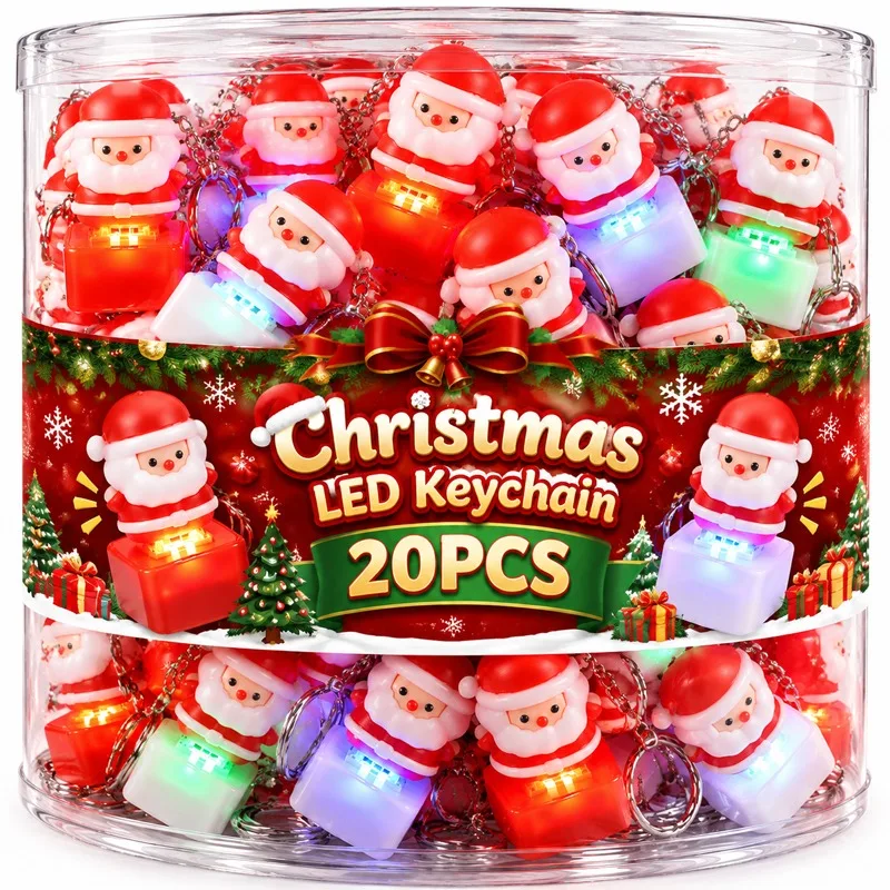 Light Up Santa Claus Voice Keychain Stress Relief Sound Button Christmas Key Ring Bag Pendant Xmas Party Small Gift Adults Kids