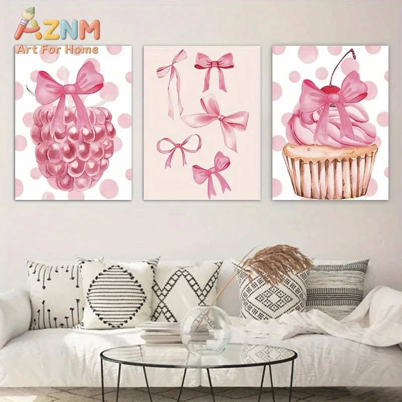 AZNM Pink Bow Cupcake Raspberry Canvas Wall Art Sweet Dessert Polka Dot Frameless Canvas Painting Girls Bedroom Home Decor Poste