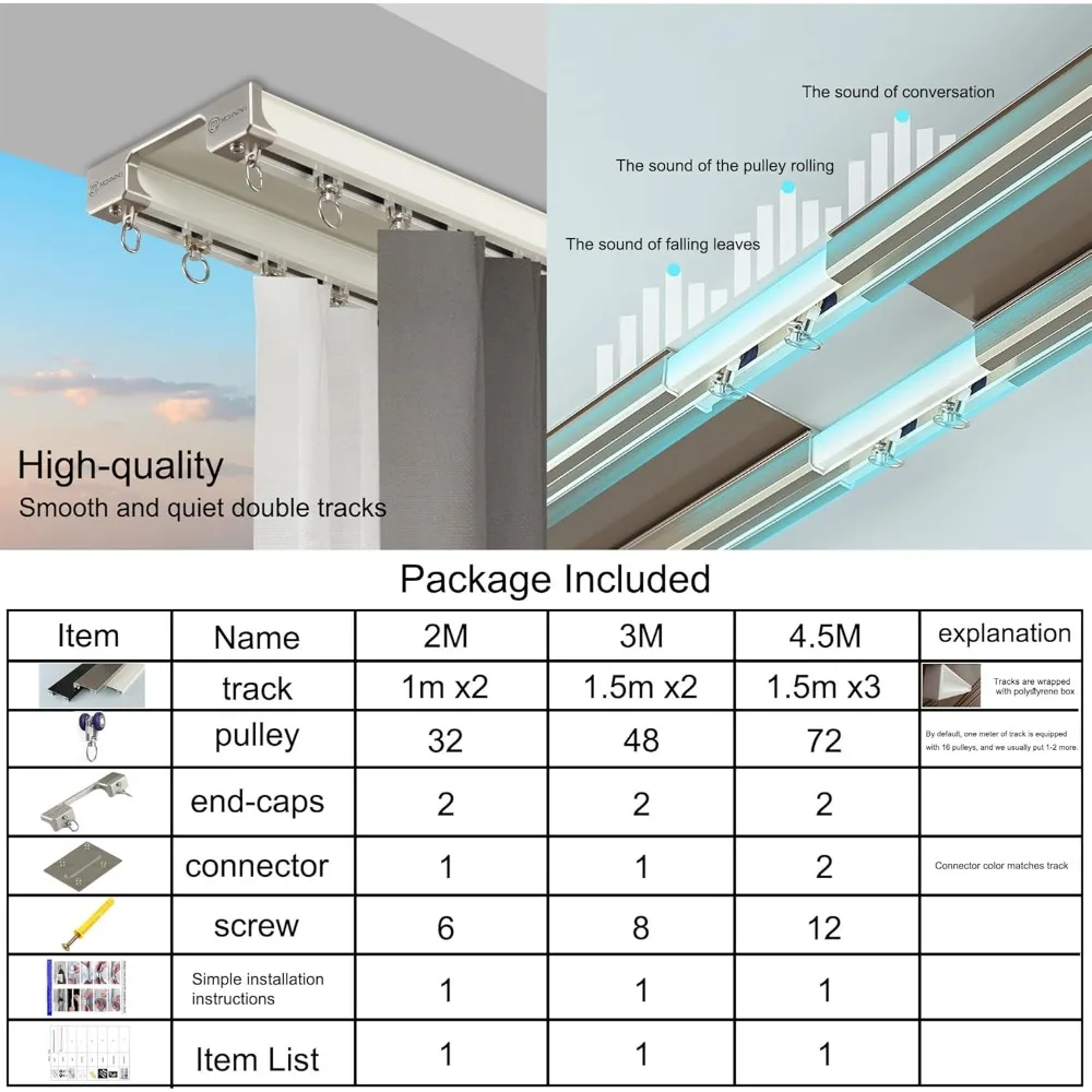 نظام مسار ستارة السقف ذات السكك الحديدية المزدوجة - حاجز منزلق أبيض، طول 4.5 متر