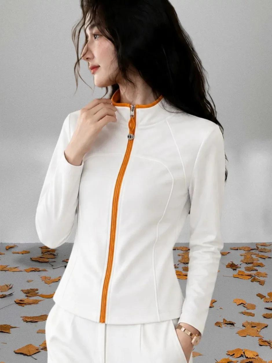 Slim Fit Sportswear Jacket Women's Spring New Color Block Stand Collar Zipper Long Sleeve Waist Cinched Zipper Open Cardigan Top