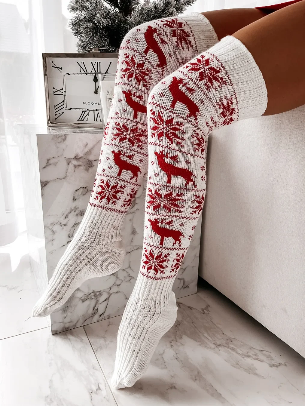 Christmas Women Knitted Cotton Woolen Stocking Warm Thigh High Over the Knee Cute Deer Printing Socks Twist Cable Crochet