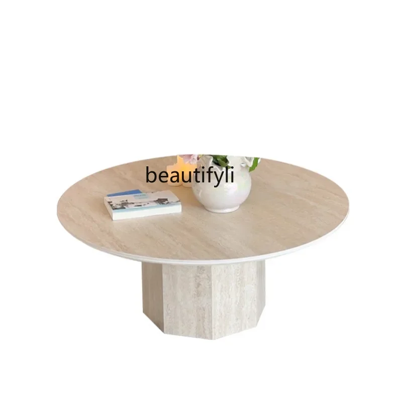 

ss CWabi Sand wind travertine rock slab coffee table round, living room household small apartment, medieval art Nordic