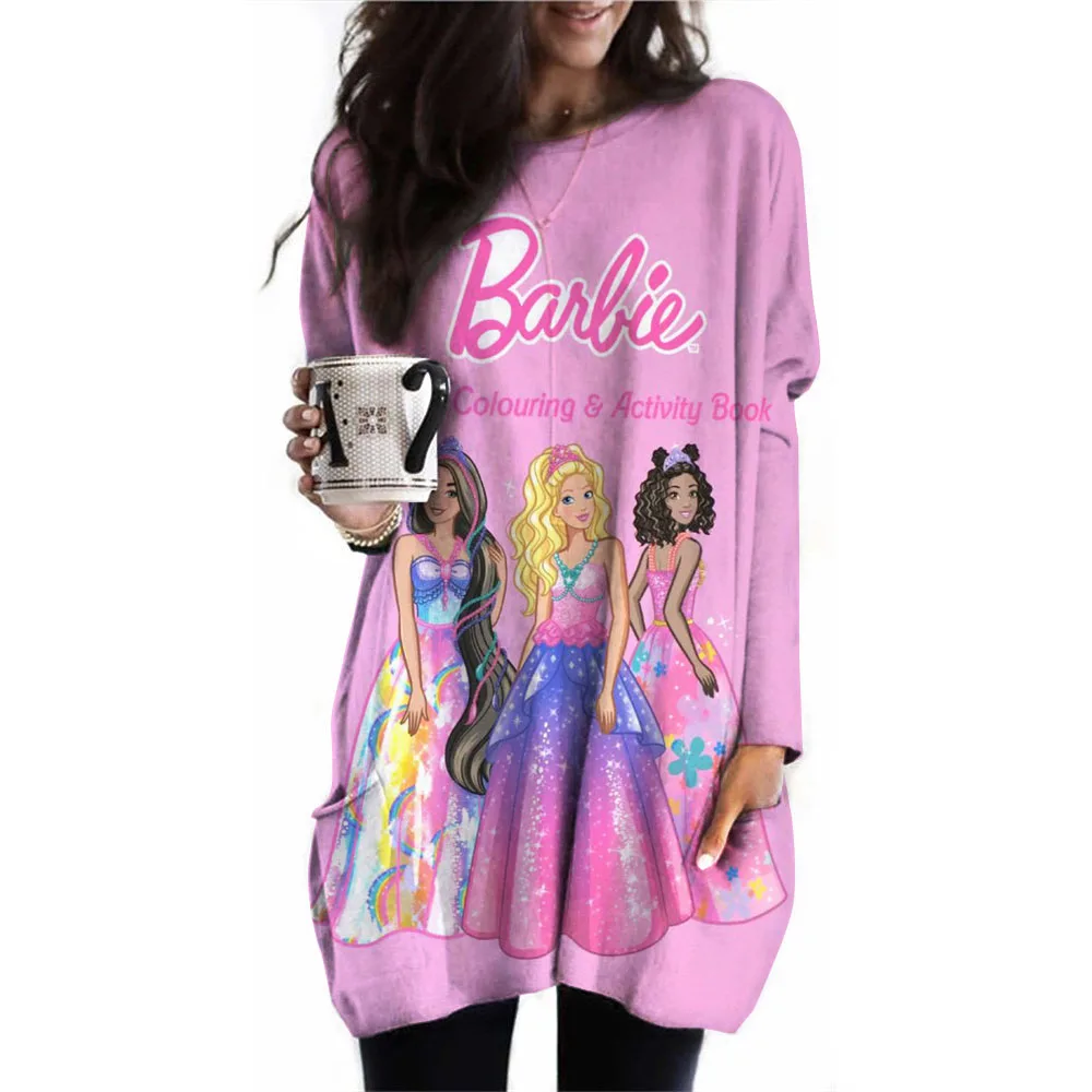 Plus size casual T-shirt for women, plus size pocket T-shirt, Barbie princess printed long sleeved round neck micro elastic long