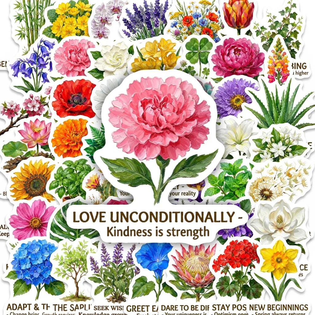 50Pcs Inspirational Flower Language Plant Stickers, Fresh Greenery Waterproof Decals for Journal & Luggage DIY Papery Pop Store