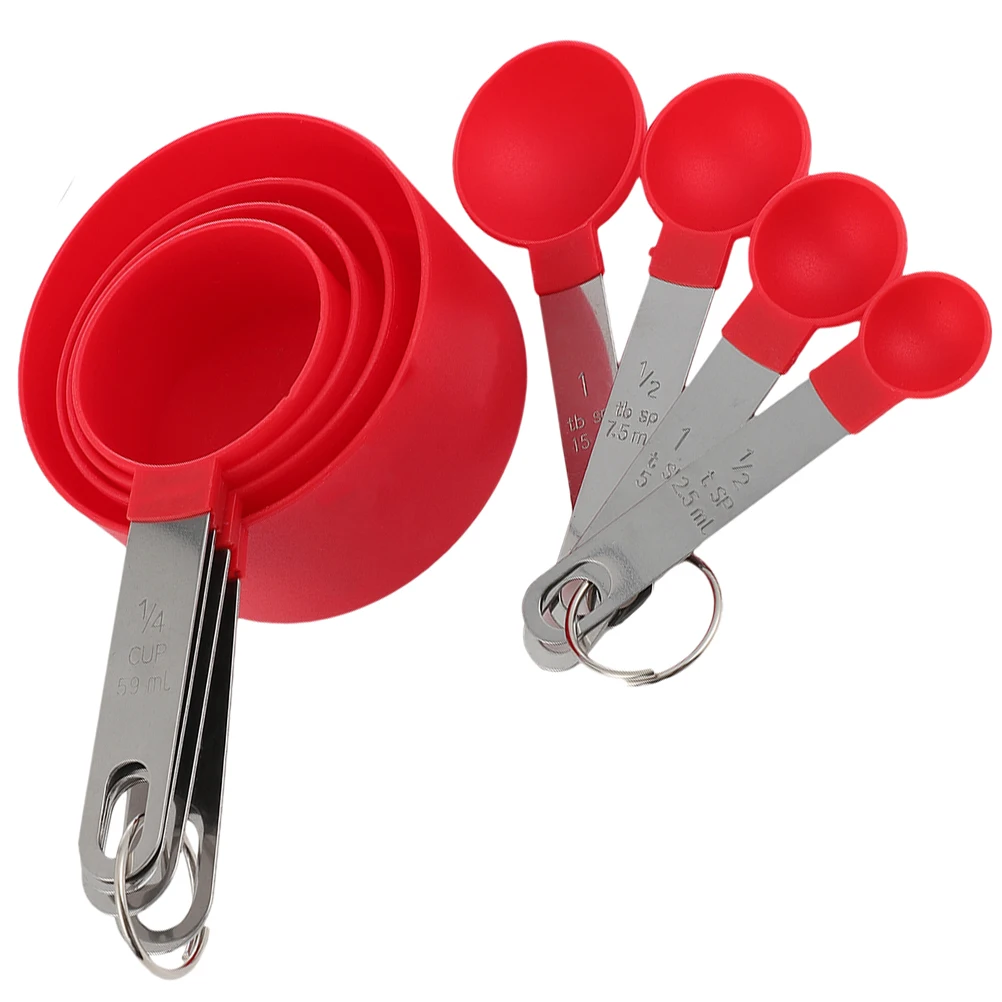 

1 set 8-Piece Measuring Cup Set Stainless Steel Plastic Kitchen Baking Tools Red 40ml Measuring Cups Spoons Capacity