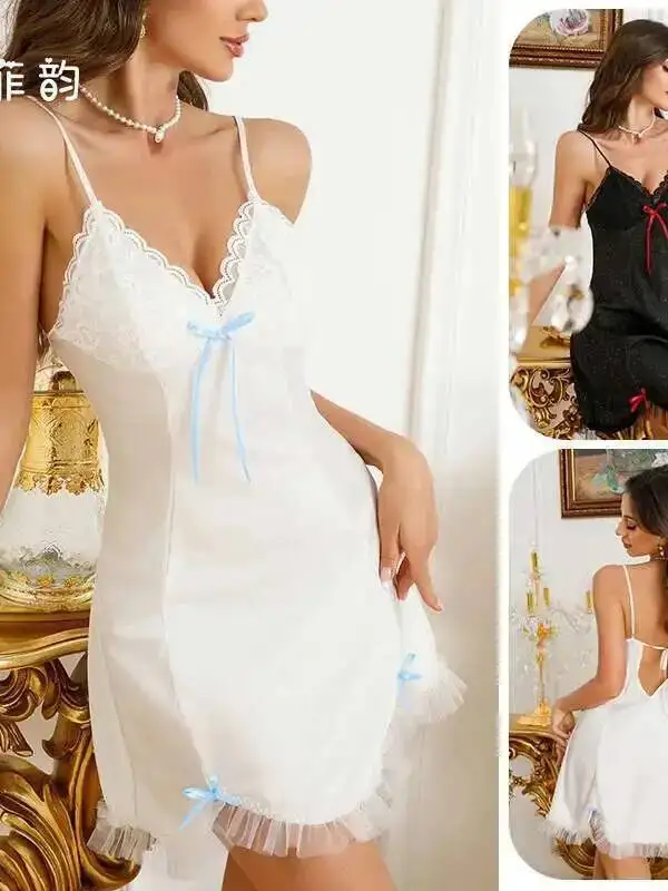 Femmes col en V profond robe à bretelles amples Lingerie Sexy mince Satin dentelle chemise de nuit débardeur Mini robe 2025 nouveaux hauts à la mode 7QEW