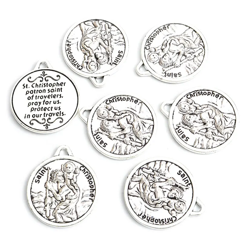 5pcs St. Christopher Metal Charms Catholic Patron Saint Antique Silver Gold Color Prayer Pendant Fit DIY Making Jewelry Necklace